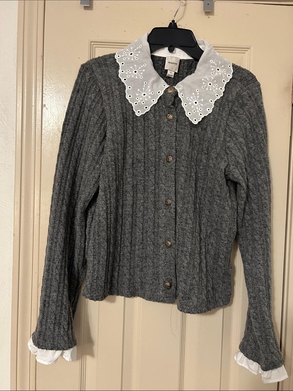 Anthropologie Gray Cable Knit Cardigan with Eyelet Collar